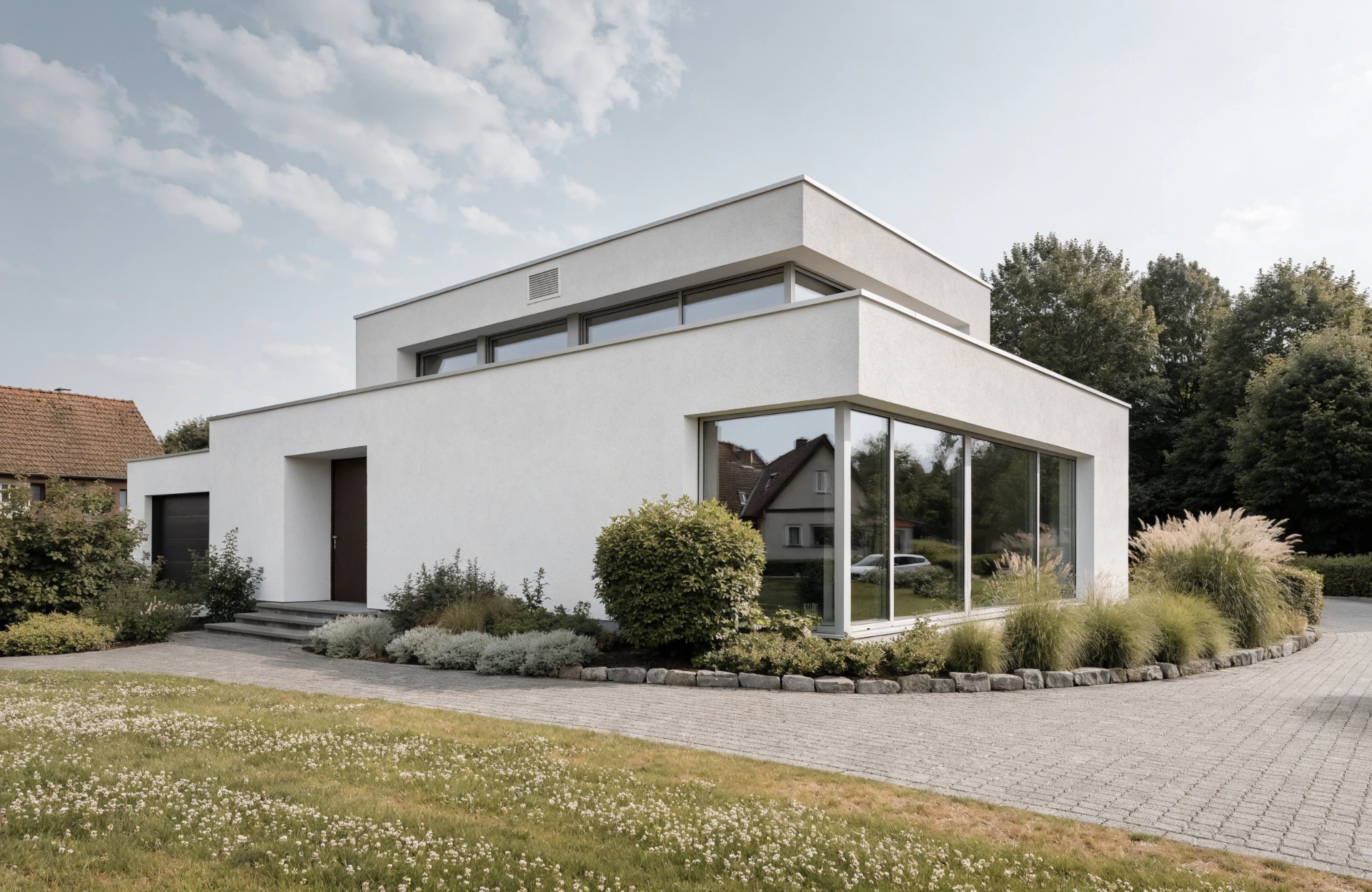 Moderne Architekten-Villa mit Putzfassade, Flachdach und großzügigen Glasflächen in ruhiger Wohnlage