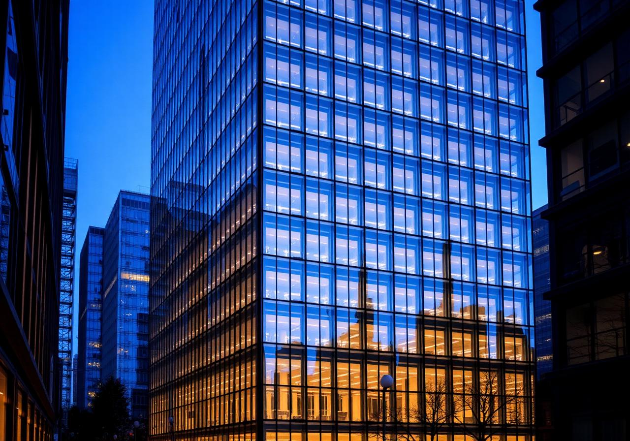 Modernes Bürogebäude mit Glasfassade in der blauen Stunde