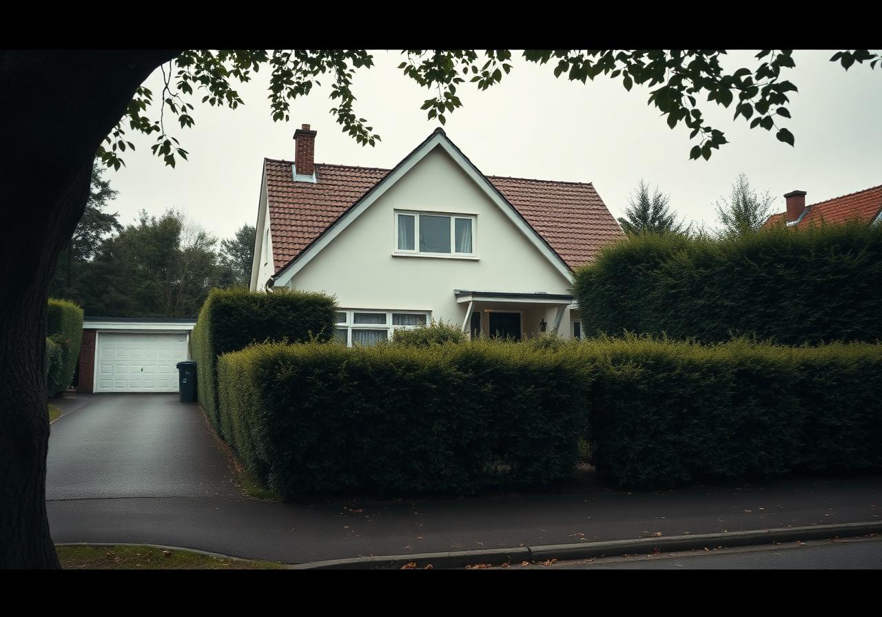 Einfamilienhaus mit Vorgarten und Hecke