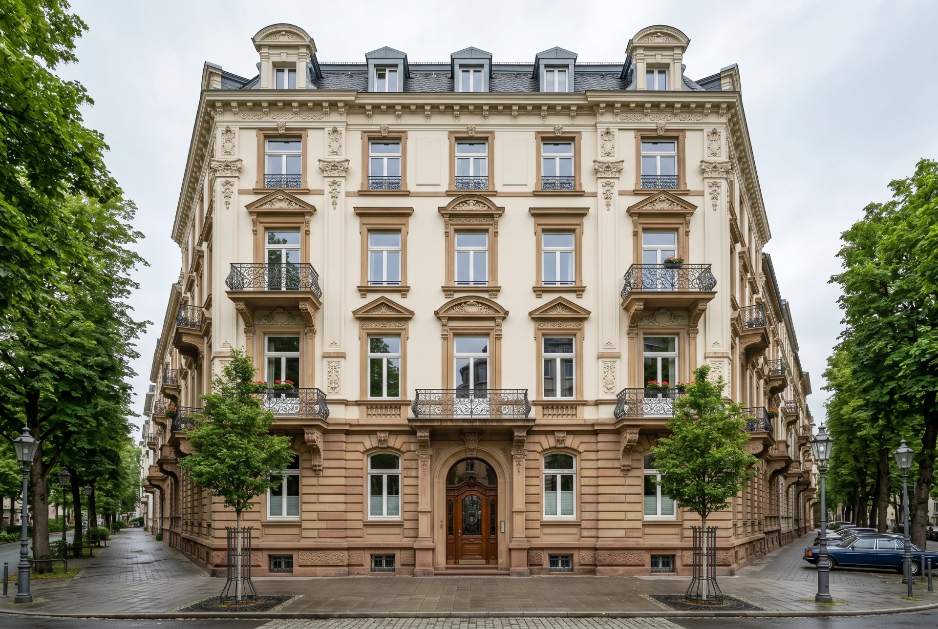 Repräsentative Gründerzeit-Fassade im Frankfurter Westend mit Sandsteinsockel und schmiedeeisernen Balkonen
