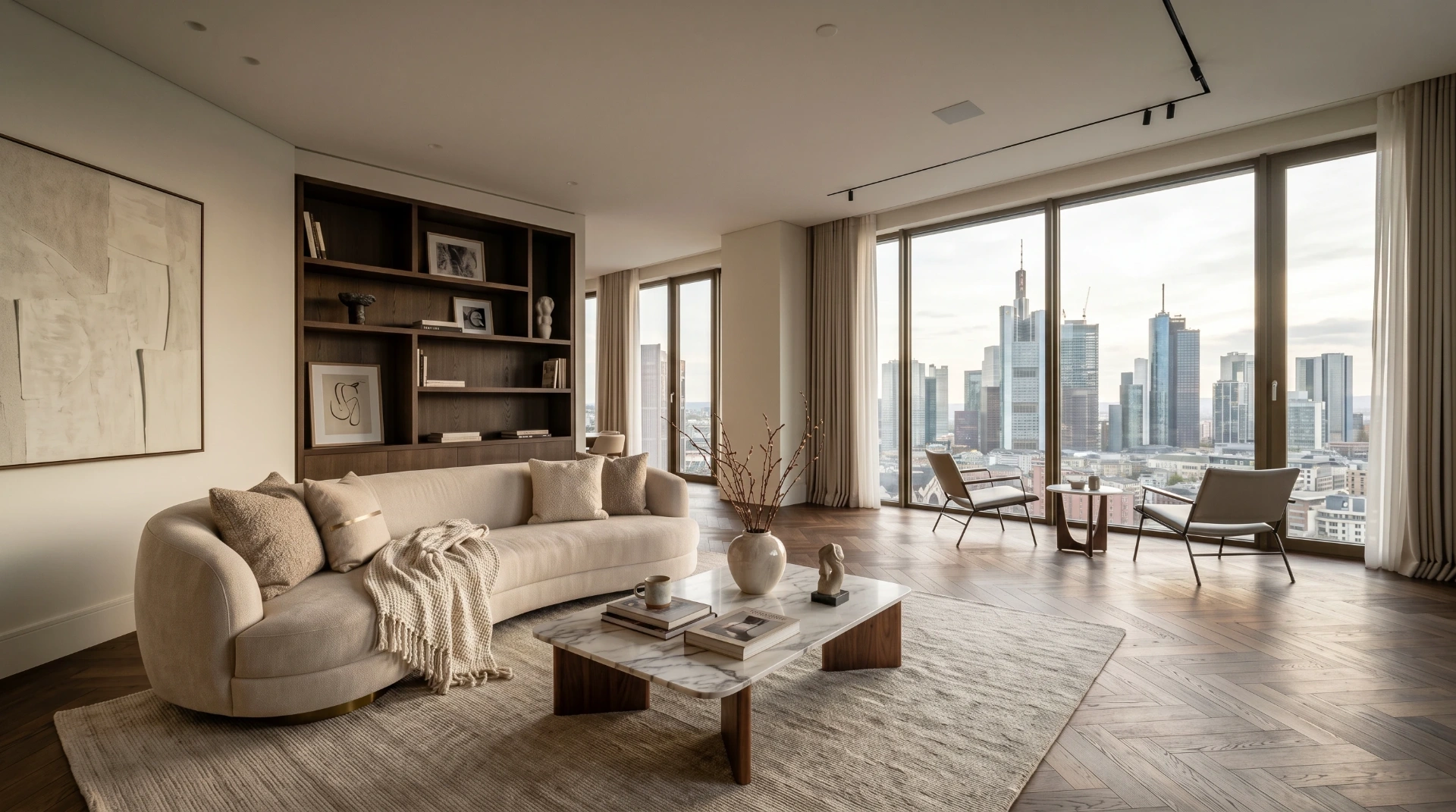 Lichtdurchflutetes Penthouse-Wohnzimmer in Frankfurt mit Fischgrät-Parkett, Designer-Möbeln und Panoramablick auf die Skyline